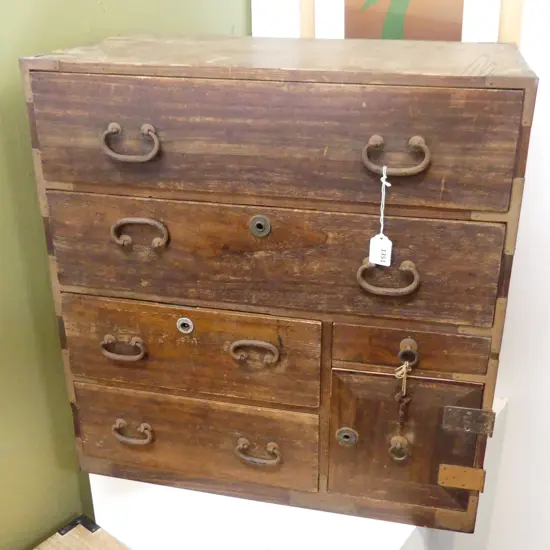 OLD JAPANESE UTILITY CABINET 5 drawer w safe cupboard H.595mm w key