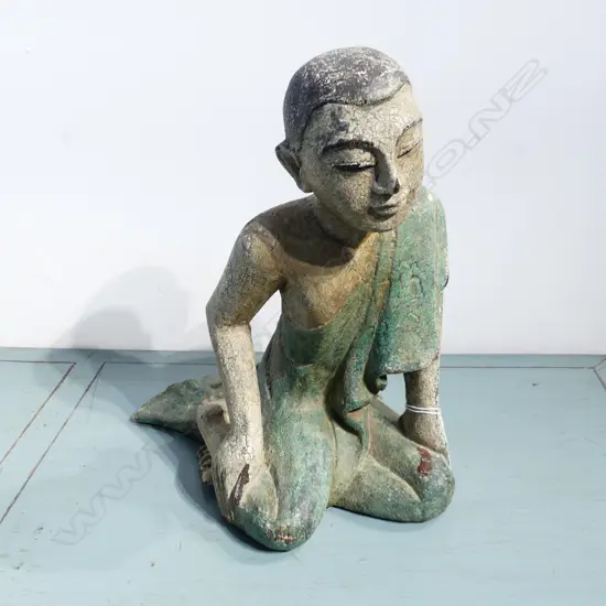 PAINTED CARVED WOODEN KNEELING ORIENTAL FIGURE H.320mm