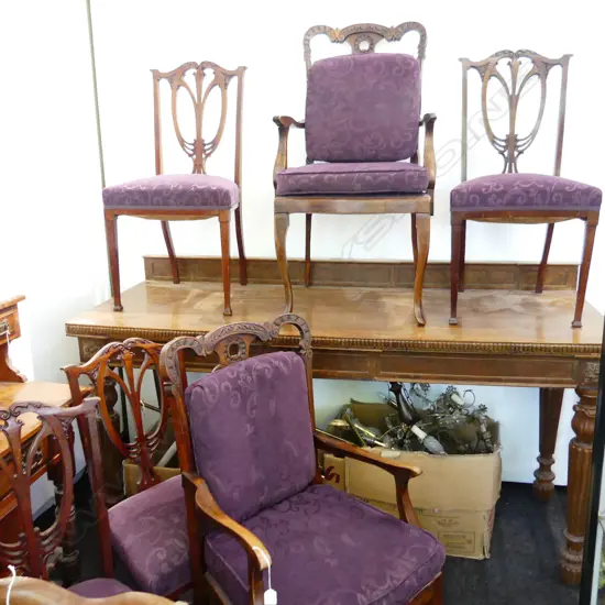 6 CHIPPENDALE STYLE DINING CHAIRS w. PURPLE UPHOLSTERY (2 CARVERS)