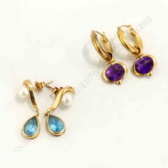 2 PRS GOLD EARRINGS: 1PR 18ct w amethysts + pr 14ct w blue stones & pearls. 5.2gms total