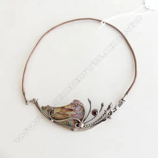 HANDCRAFTED SILVER, PAUA AND GARNET NECKLACE