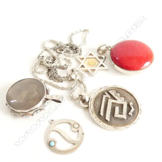 5 PENDANTS; 3 STG SILVER, MOURNING, OTHER