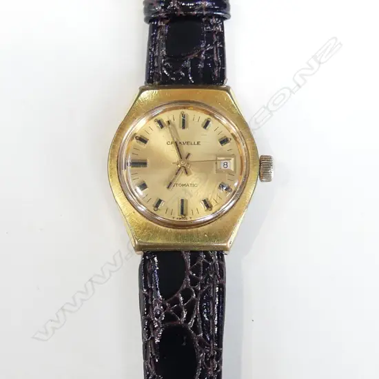 LADIES CARAVELLE AUTOMATIC WATCH, BROWN LEATHER STRAP, WORKING