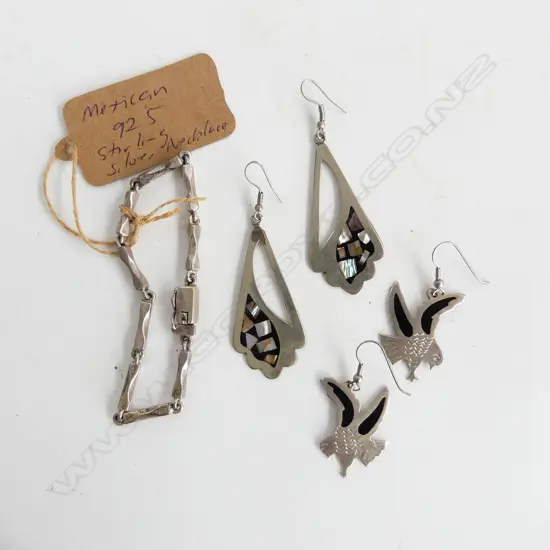 MEXICAN 925 SILVER BRACELET + 2 PR DROP EARRINGS, SILVER & PAUA & SILVER & ENAMEL BIRDS