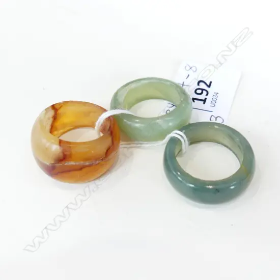 3 LG WIDE BAND JADE RINGS, 2 GREEN, 1 AMBER