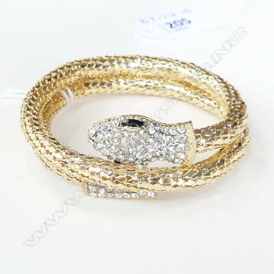 GOLD GILT SNAKE BRACELET; DIAMANTE HEAD & TAIL