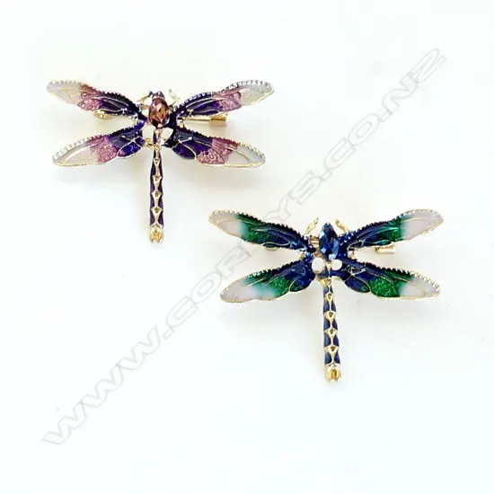 2 GILT & ENAMEL DRAGONFLY BROOCHES 