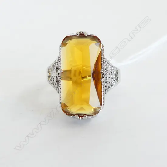 925  SILVER PLATED AMBER COLOUR STONE FILIGREE STYLE COSTUME JEWELLERY DRESS RING