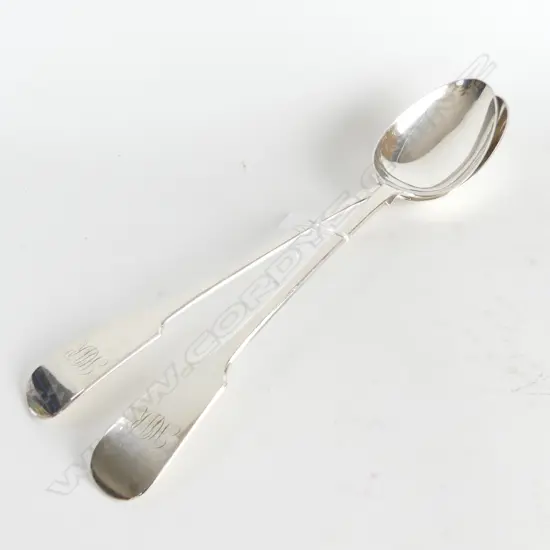 PR LG FIDDLE BACK MONOGRAMMED SILVER PLATE SERVING SPOONS L. 310mm & BOXED VTG SHELL SHAPE SERVING SPOON w BALL HANDLE