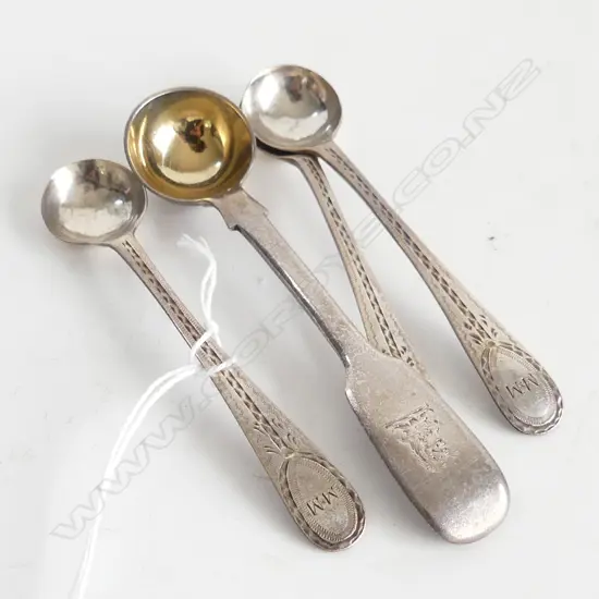 SET 3 GEORGE III SILVER SALT SPOONS bright cut + other GEORGE IV 44gms