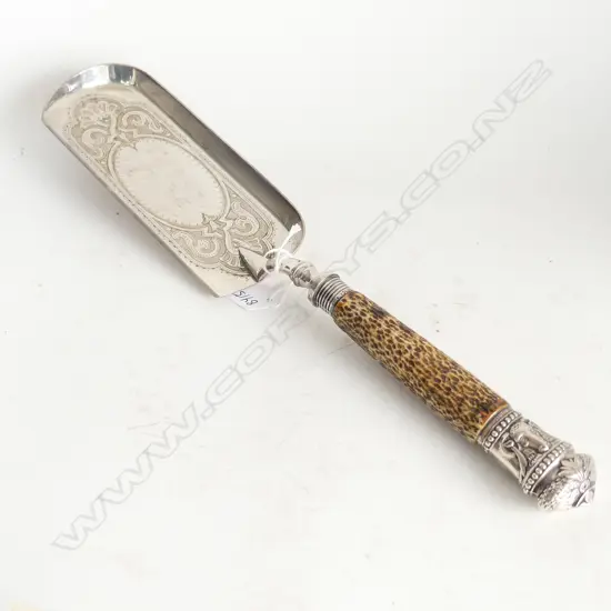 VICTORIAN SILVER PLATE engraved CRUMB TRAY antler handle silver embossed end Sheffield 1892