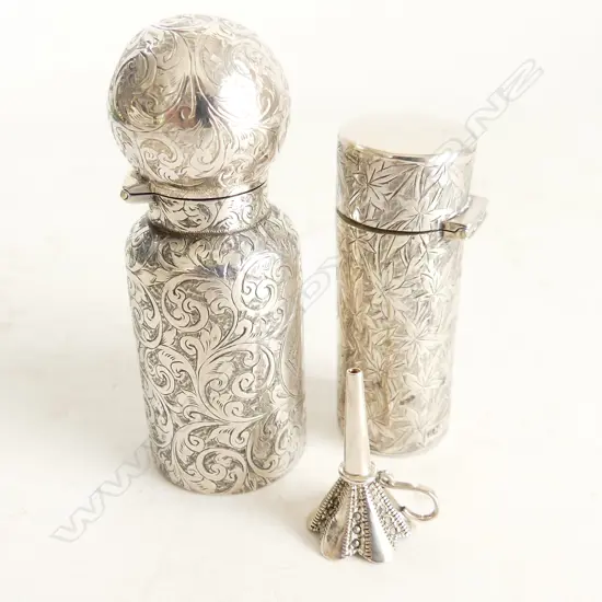2 ENGRAVED STG SILVER SCENT BOTTLES, GLASS LINERS & STOPPERS (BOTH HALLMARKED)  + SM SILVER FUNNEL 91gms