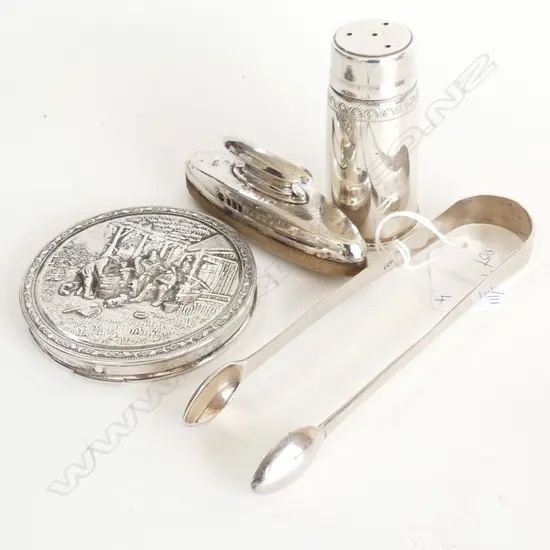 STG SILVER NAIL BUFFER, SUGAR TONGS, 900 SILVER PEPPER, EP COMPACT 80mm dia