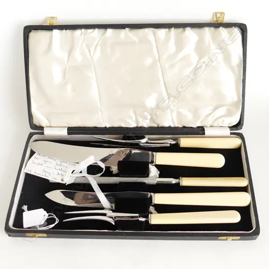 CASED 5 PC CARVING SET, 2 KNIVES, SHARPENER & 2 CARVING FORKS, C1961, FAUX BONE HANDLES