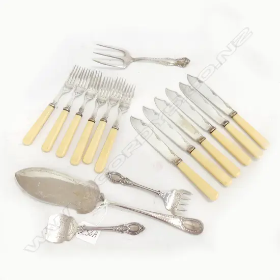 12 PCE IVORINE HANDLED FISH SET + 4 PCES SERVING CUTLERY