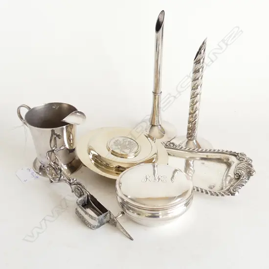 7 SILVER PLATE PCES; TRAY W.250mm, 2 BUD VASES, ETC