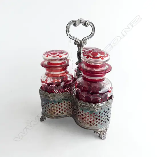 3 BOHEMIAN RED GLASS VICT CONDERMENT  SET H270MM