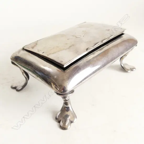 HEAVY SILVER PLATE LIDDED, VELVET LINED, TRINKET BOX WITH 4 FEET, ENGRAVED 'ELSIE' 140 X 95 X 52mm