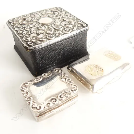 TWO 925 SILVER STAMP BOXES + SM SILVER LIDDED LEATHER BOX (52 X 52mm)