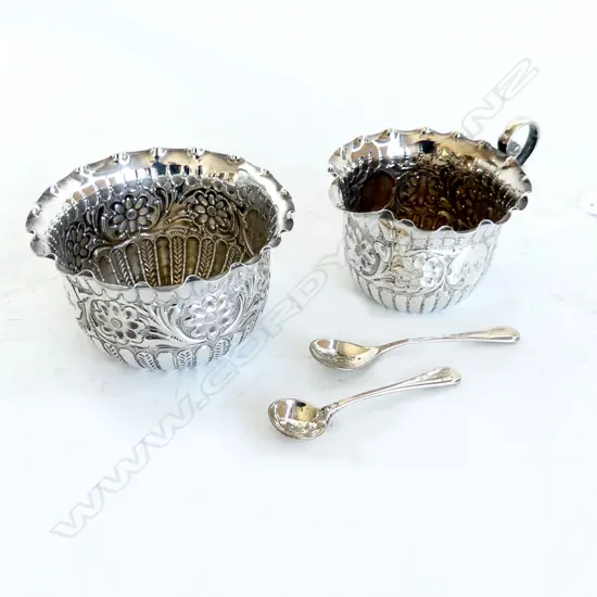 ORNATELY DECORATED STG SILVER MILK JUG (H. 60mm) & SUGAR BOWL (DIA85mm) SHEFF. 1896 96gms + 2 SILVER MUSTARD SPOONS 16gm
