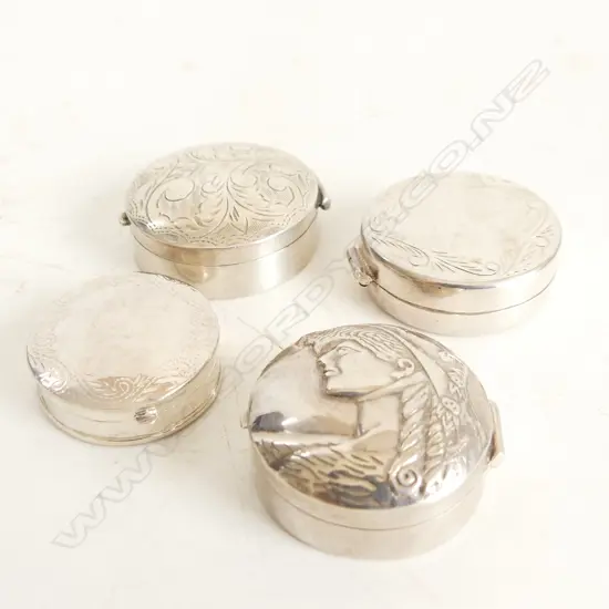 4 ROUND 925 SILVER PILL BOXES, 55gms