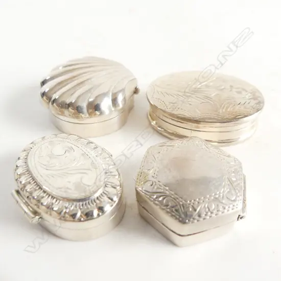 4 ASST 925 SILVER PILL BOXES, SHELL SHAPE, 2 OVAL & HEXAGONAL , 56gms