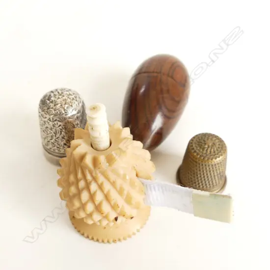 TAGUA NUT TAPE MEASURE, WOODEN EGG SHAPED THIMBLE HOLDER, 2 THIMBLES