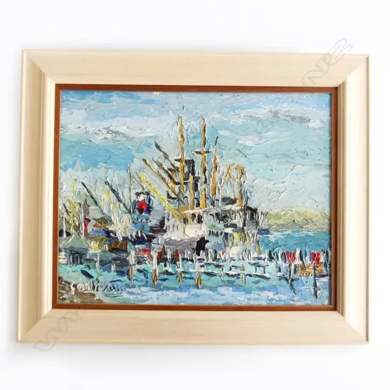 SULLIVAN, BOAT AT PIER, OIL ON BOARD, 340 X 440mm