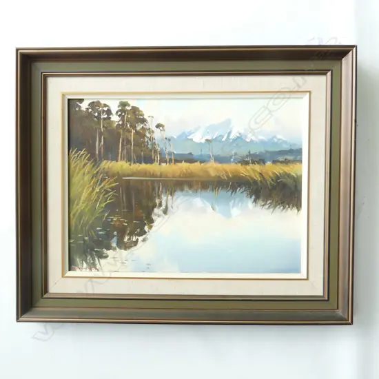 BRENT TROLIE, WHITE PINES ALONG THE RIVER BANK, NZ, OIL ON BOARD, SIGNED, 400 X 300mm