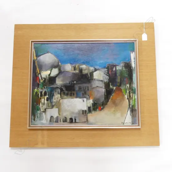 Lesley POCKLEY (1919-) CUBIST OIL VILLAGE SCENE 400 X 500mm