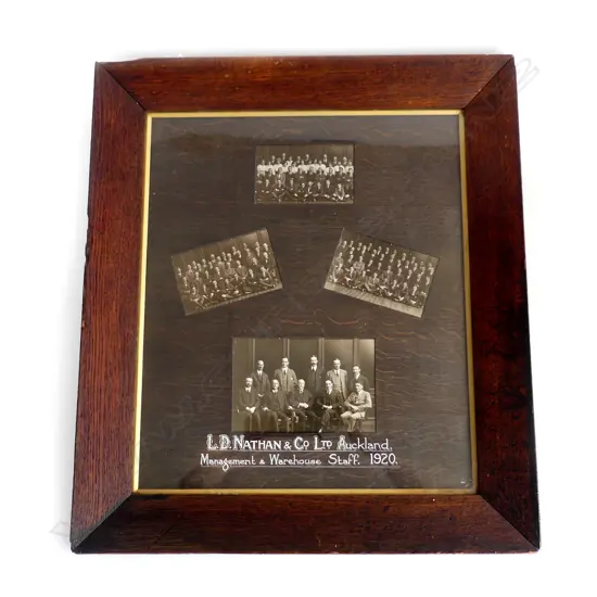 1920 L.D. NATHAN & CO AUCKLAND MANAGEMENT & WAREHOUSE STAFF OAK FRAMED PHOTOGRAPHS 660 X 590mm