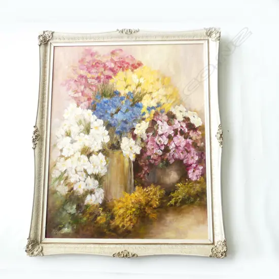MARGUERITE SCALE, FLORAL STILL LIFE OIL ON BOARD 885x715mm