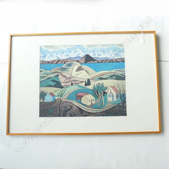 RITA ANGUS PRINT ON FABRIC/CANVAS ? CENTRAL OTAGO 485 x 585mm framed