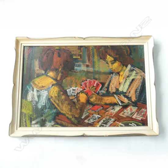 MAURICE MAN, YOUNG WOMAN PLAYING CARDS, UK, OIL ON BOARD, SIGNED VERSO, 870 X 590mm