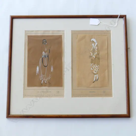 2 ORIGINAL FRENCH 1920s FASHION ILLUSTRATIONS, PEN & GOUACHE ON PAPER 190x125mm