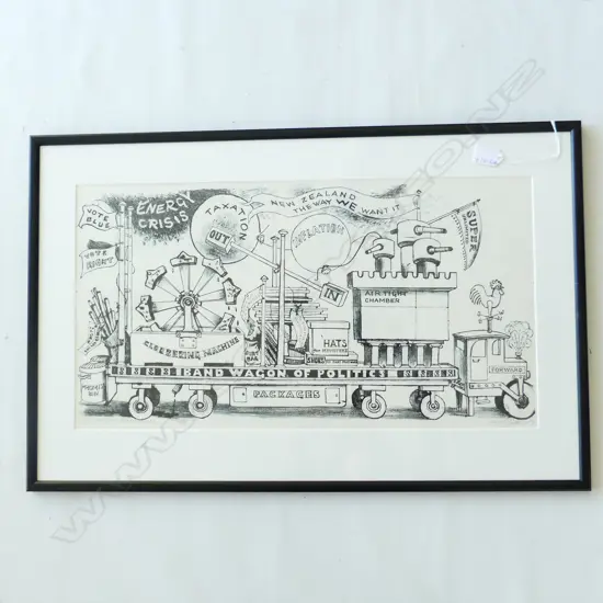 JULIET PETER (NZ 1915-2009) 'POLITICAL BANDWAGONS' LITHOGRAPH 4/30 '79 315x585mm