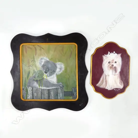 2 SIGNED OIL ON BOARD ARTWORKS; KOALA 280x280mm, PRINCESS DOG 290x200mm