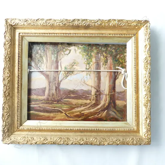 GILT FRAMED OIL GUM TREES SIGNED F R BROWN H630MM L700MM