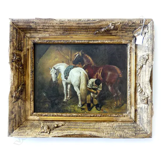 ANTIQUE STYLE PRINT; FARRIER & HORSES, 290x390mm IN GILT FRAME
