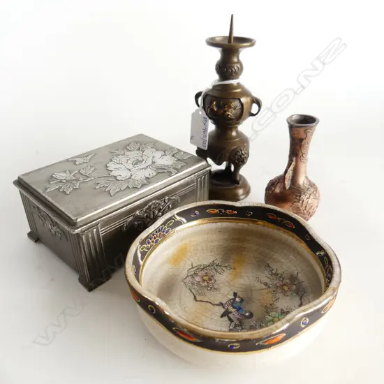 4 ORIENTAL PCES; EP BOX W.130mm, PRICKET CANDLESTICK, VASE, SATSUMA BOWL