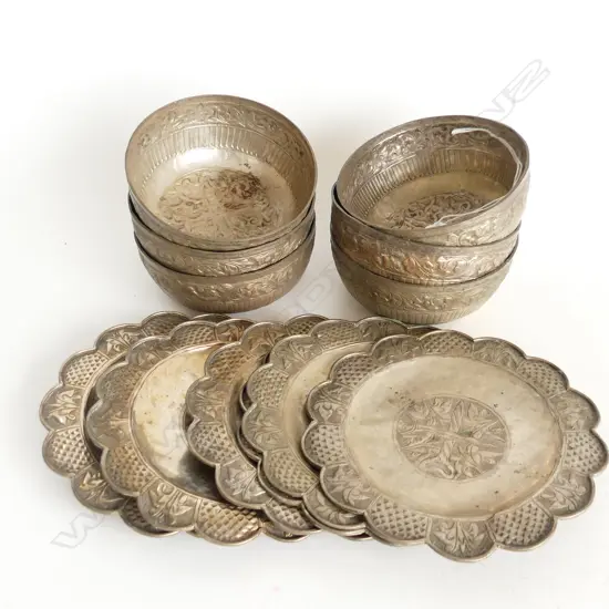 6 ORIENTAL SILVER PLATE BOWLS (DIA 105mm & PLATES (DIA 140mm)