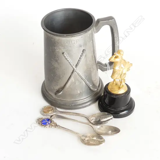 PEWTER GOLFING MUG H.135mm, TROPHY & 3 SPOONS (1 STG)