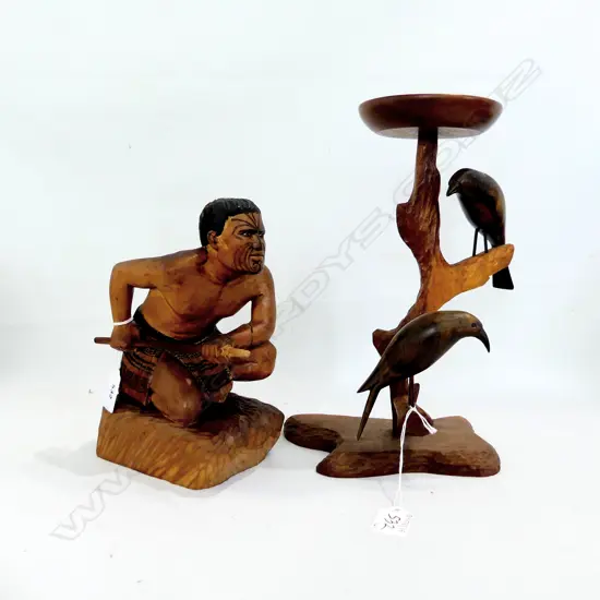 CARVED MAORI FIGURE REPAIR TO ARM H210MM &CARVED WOOD NATIVE BIRDS ON BRANCH H290MM