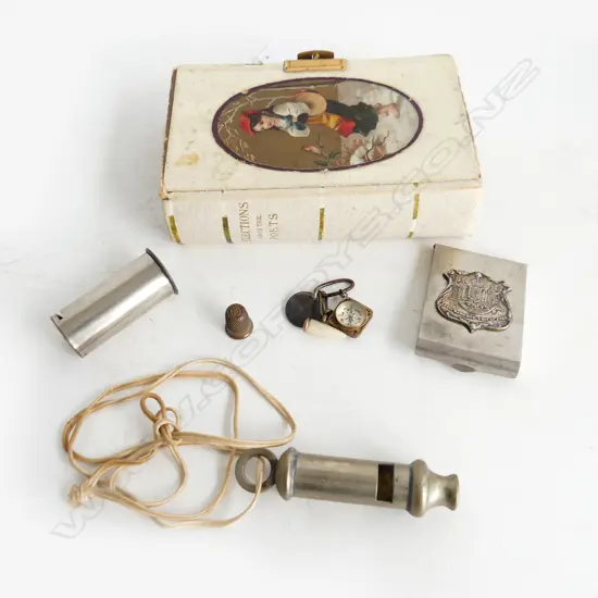 VINTAGE 'BOOK' CONTAINER & COLLECTABLE CONTENTS INCL POCKET COMPASS, 1940 WHISTLE, MIDGET COIN BOX ETC..