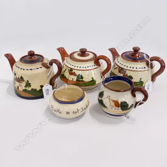 5 PCS TORQUAY WARE - COTTAGE MOTIF, 3 TEAPOTS & SUGAR & MILK