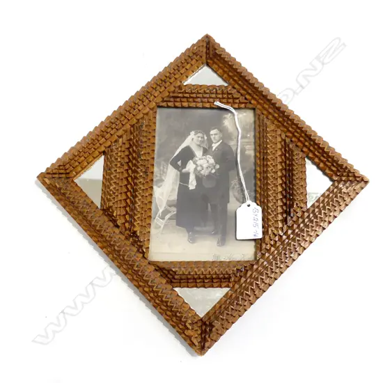 TRAMPWORK CARVED WOODEN FRAME W OLD B&W PHOTOGRAPH, 230 X230mm