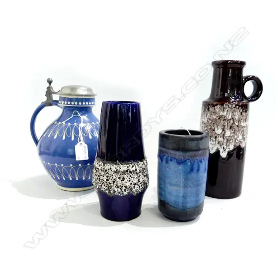 4 PCS VINTAGE WEST GERMAN POTTERY, 3 BLUE GLAZED 1 (LIDDED), 1 BROWN & WHITE GLAZE