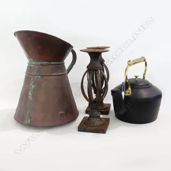 CAST IRON KETTLE, COPPER JUG, PR METAL CANDLESTICKS