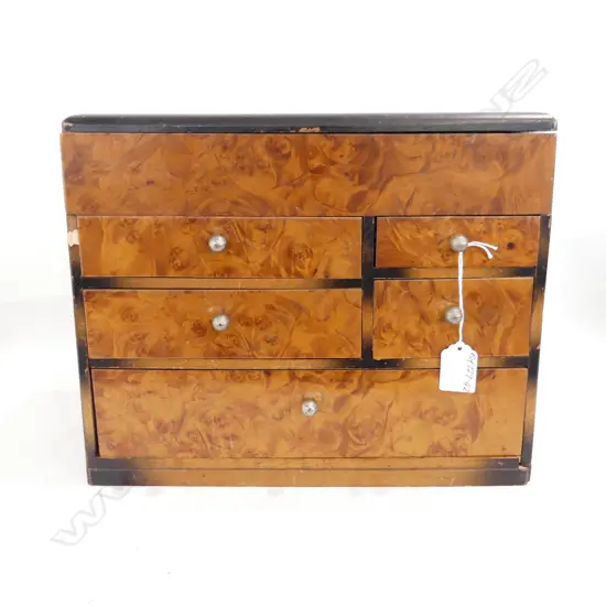 VINTAGE JAPANESE SEWING BOX exotic burr timber front H.265mm. Small chip to edge