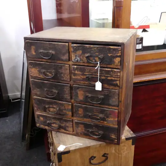 JAPANESE SMALL OLD TANSU CHEST 10 drawer rustic finish H.450mm.